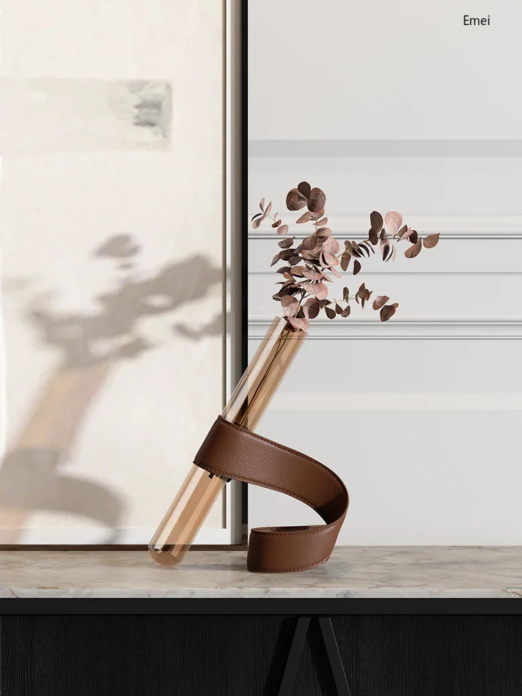High-end modern light luxury leather inclined vertical glass vase soft ornament