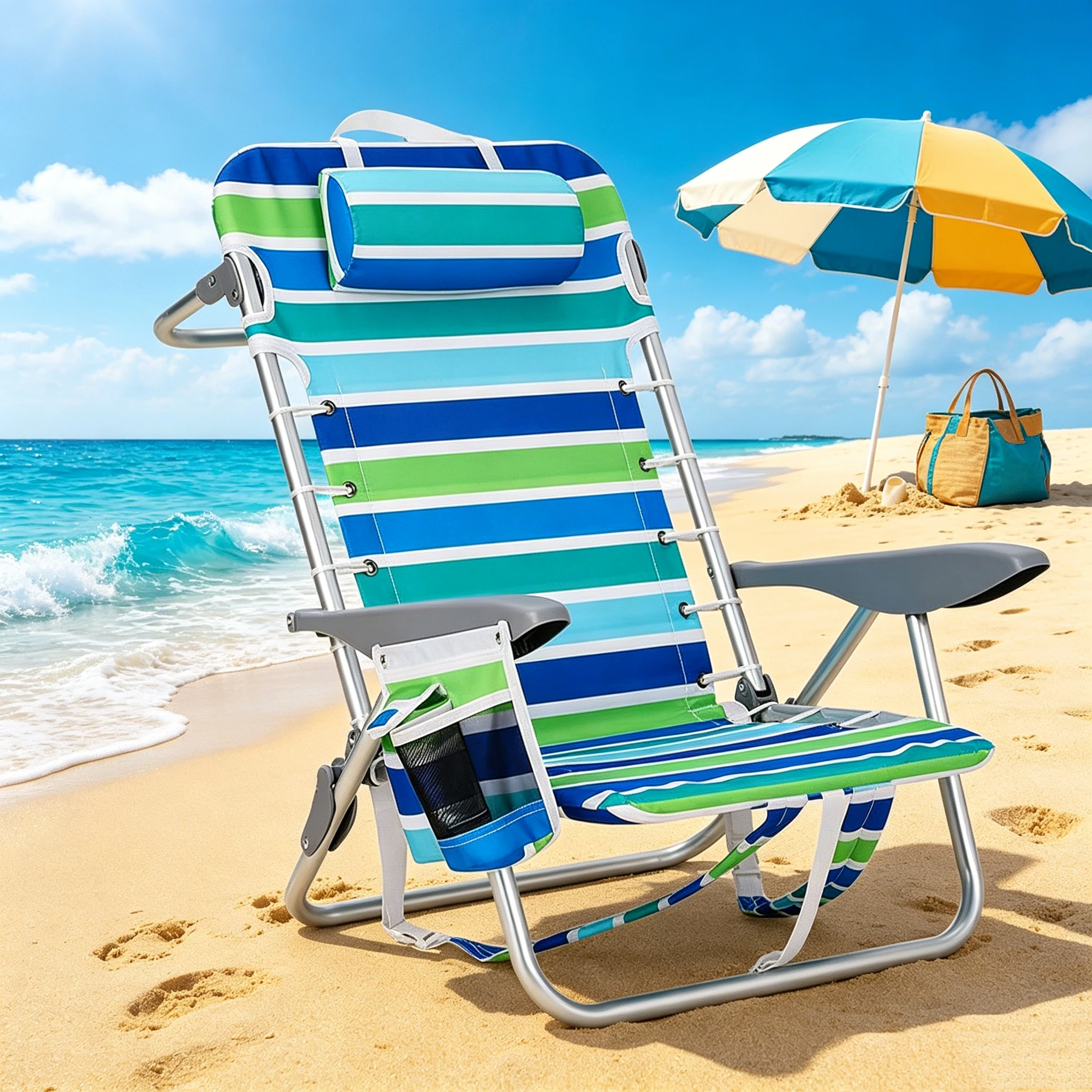 

Backpack Beach Chair for Adults, Lightweight Foldable Chair with 5 Reclining Positions, Lay Flat Design, Cup Holder, Towel Bar, Phone Pocket for Outdoor, Beach, Camping
