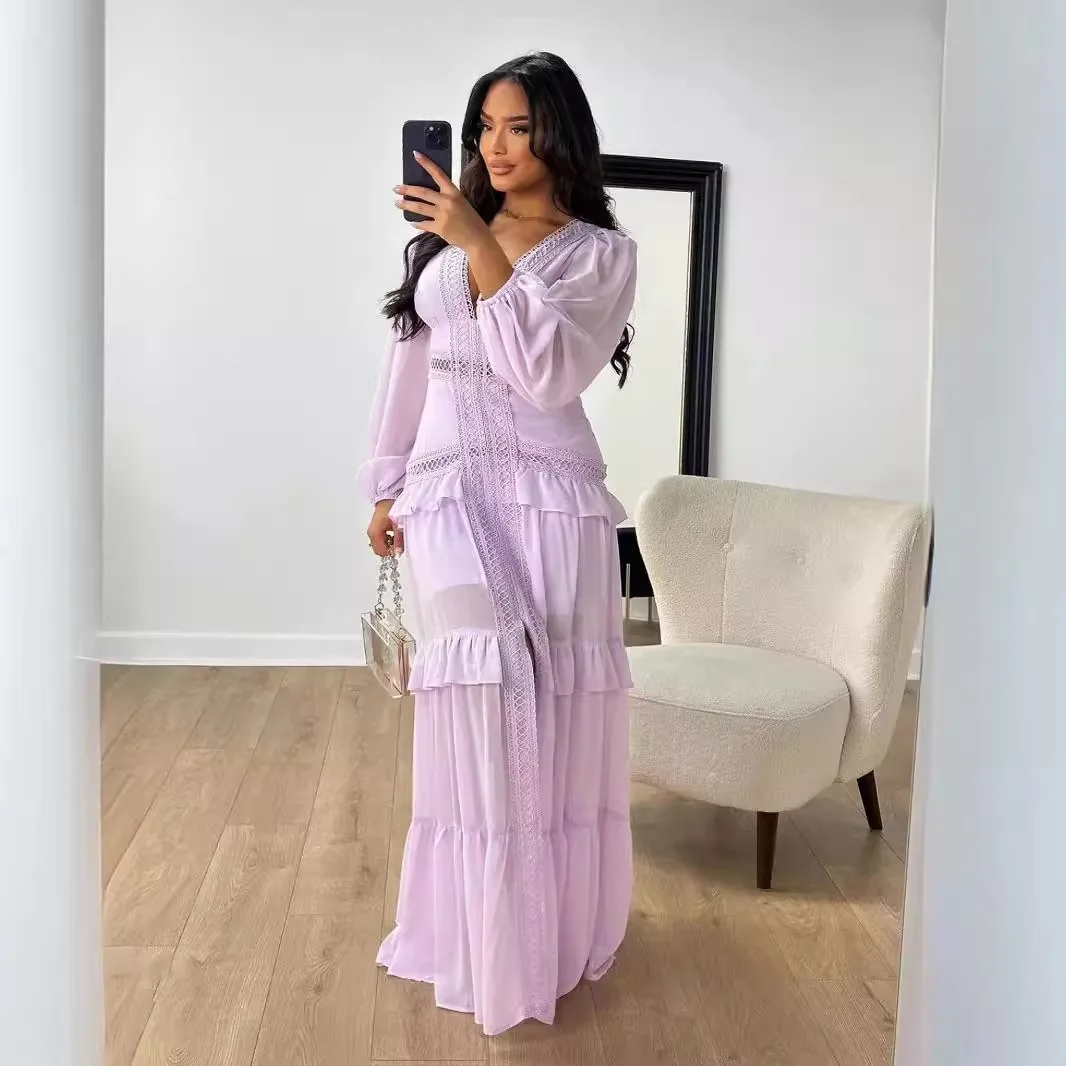 Moda elegância feminina longo maxi vestido de renda profundo decote em v manga cheia em camadas babados bordas vestidos de festa rua 6 vendido