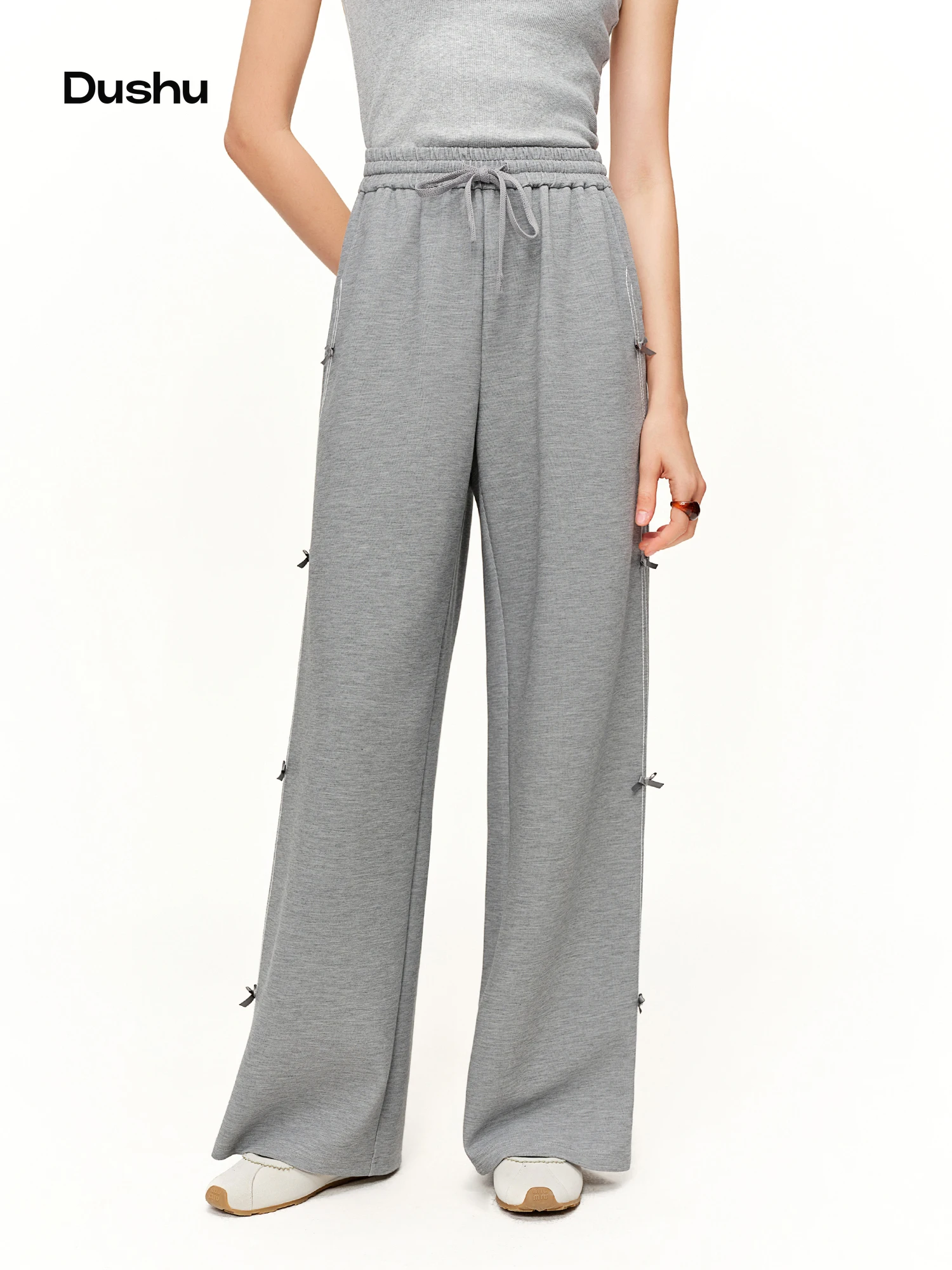 DUSHU 【Tie of Hearts】Sweet & Chic Bow-Decorated Wide Leg Pants New Spring 2026 Collection Women's High-Waisted Casual Pants