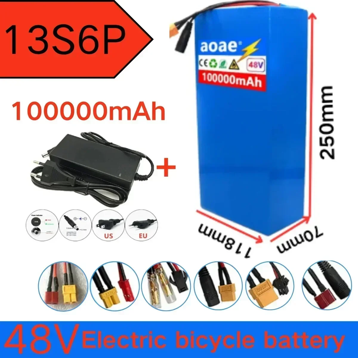 

New 13S6P 48V 100Ah 2000W 18650 lithium-ion battery pack 48V electric bicycle+built-in BMS optional plug and charger