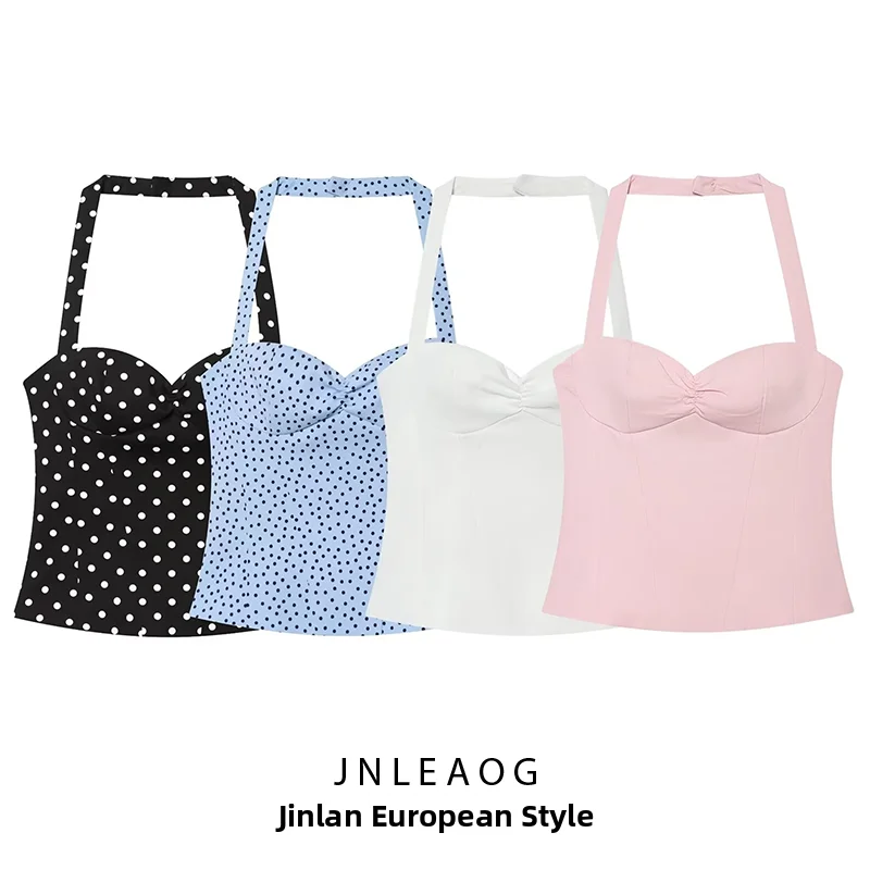 JNLEAOG Summer New Women's Comfortable Hanging Neck Line Top in Four Colors Short Length Slim Fit Polyester Vest Blouse