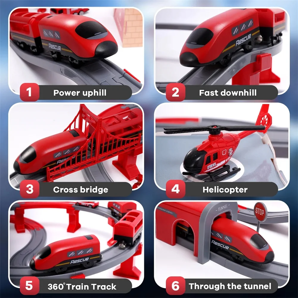 Set di treni giocattoli per bambini, set di binari da corsa HDJ 92 pezzi per ragazzi, regalo di compleanno per treni di Natale, giocattolo per camion dei pompieri con auto, elettroerosione (rosso)