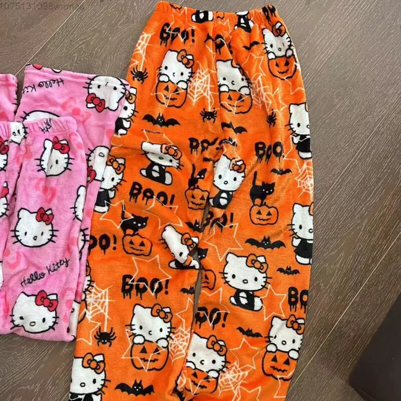 Sanrio Christmas & Halloween Hello Kitty Cotton Sleep Bottoms Cute Cartoon Flannel Pajama Pants Women Autumn Casual Home Pants