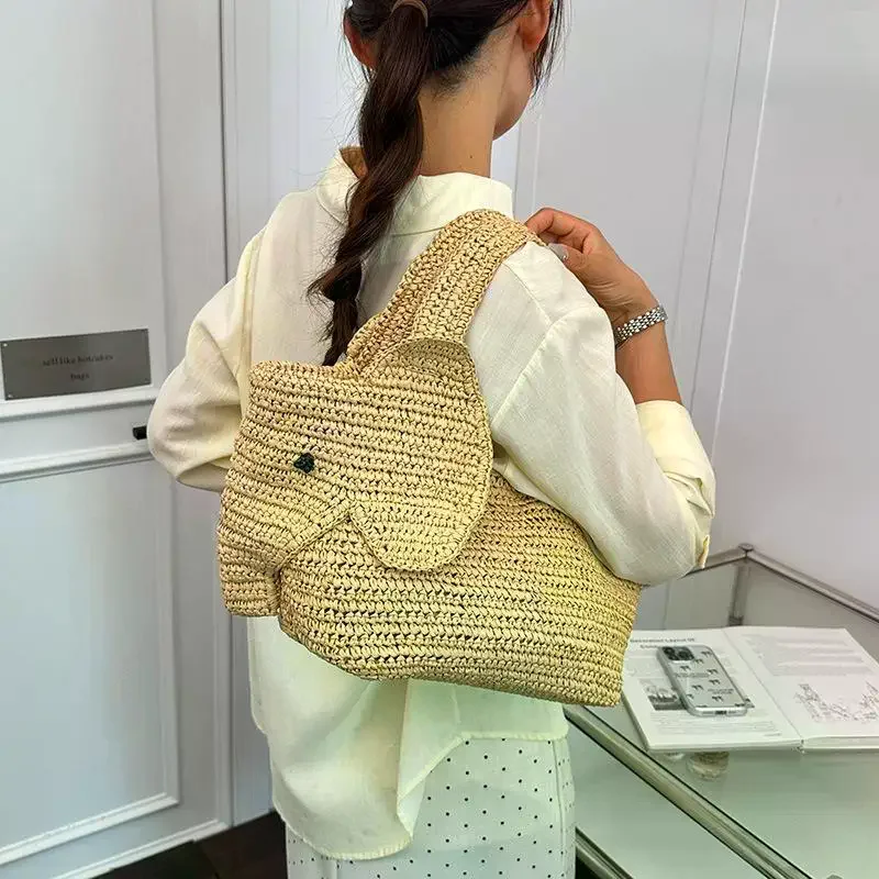 Bolsa de Palha Artesanal Grande Capacidade com Design de Elefante para Uso Diário, Praia e Lazer ao Ar Livre no Verão