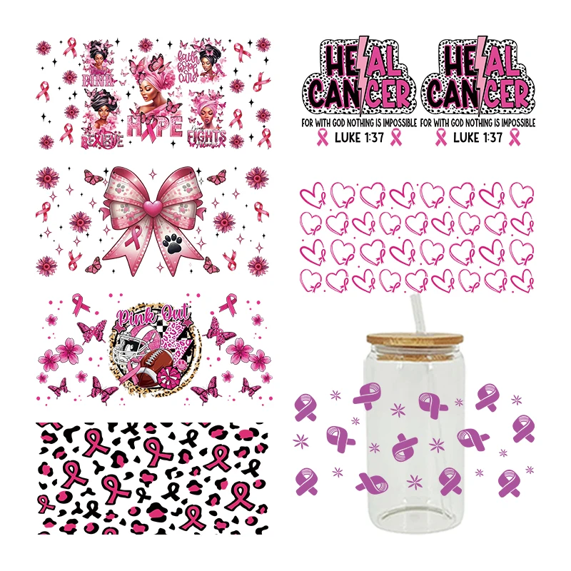 3D UV DTF Pink Ribbon Printed Transfers Stickers 16oz Cup Wraps For DIY Glass Ceramic Metal Leather Etc. D23916