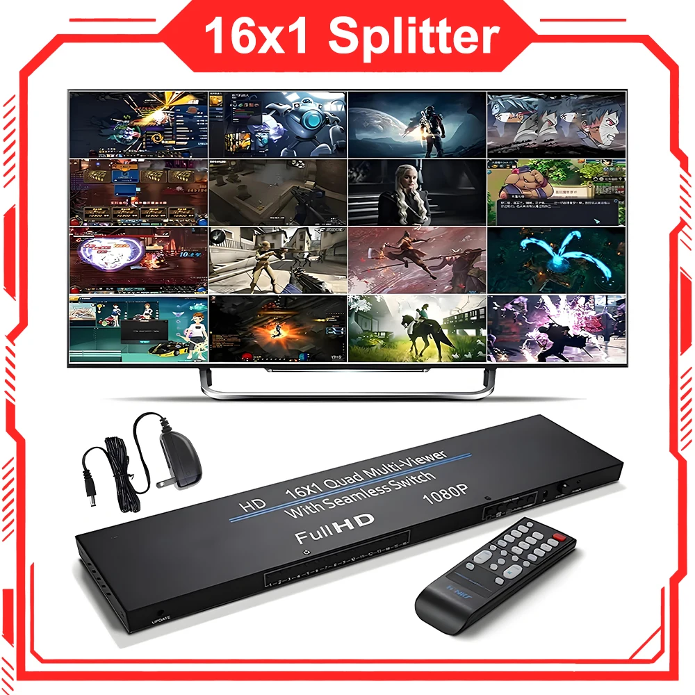 NEW HDMI Multiviewer 1080P Quad Screen Multi-viewer Splitter 16 in 1 Out Seamless Switch 16 Port HDMI Display on One TV Monitor