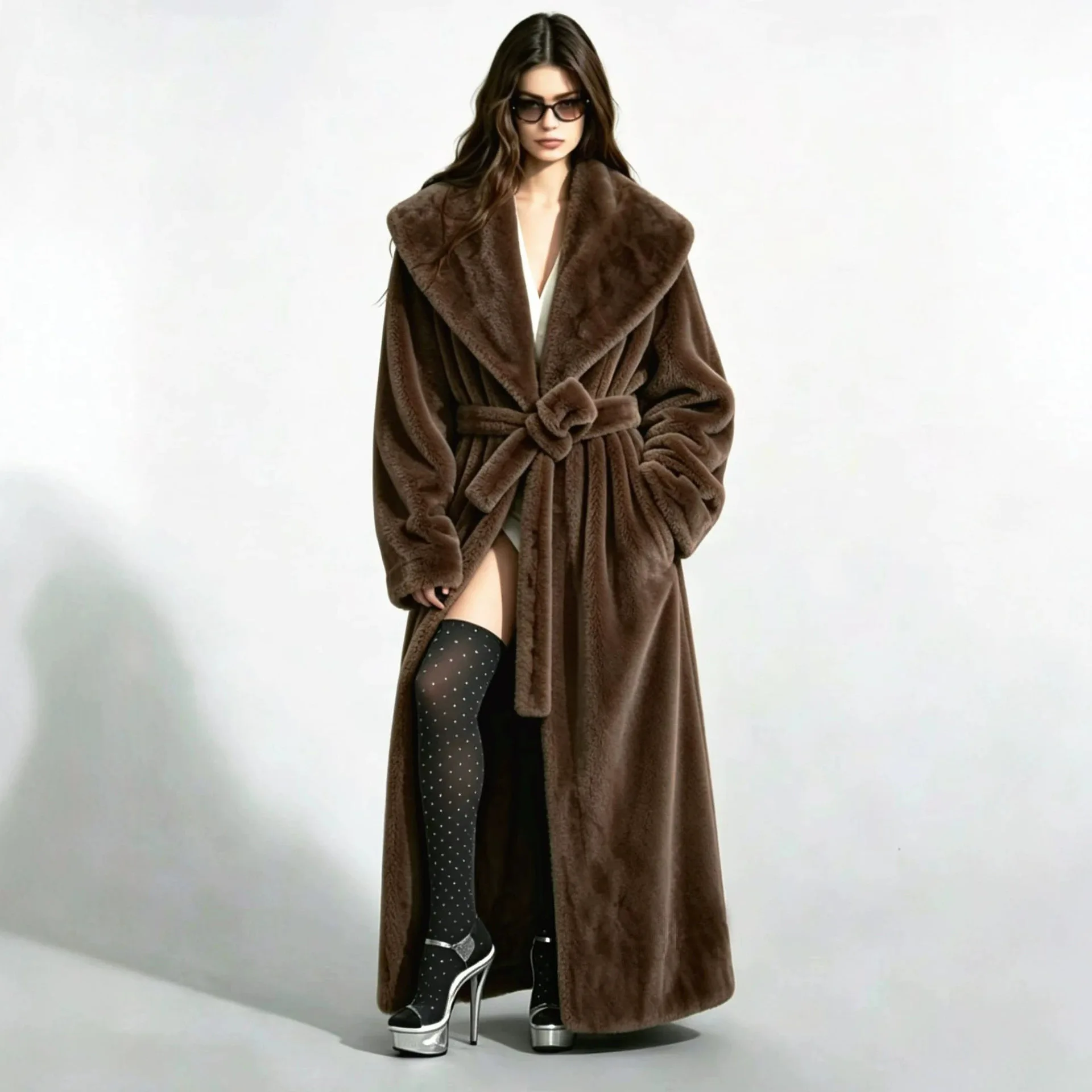 Europe Cross-border Light Luxury Fur Jacket Women's Loose Thickened Large Lapel Collar Autumn and Winter Women's Coat Long