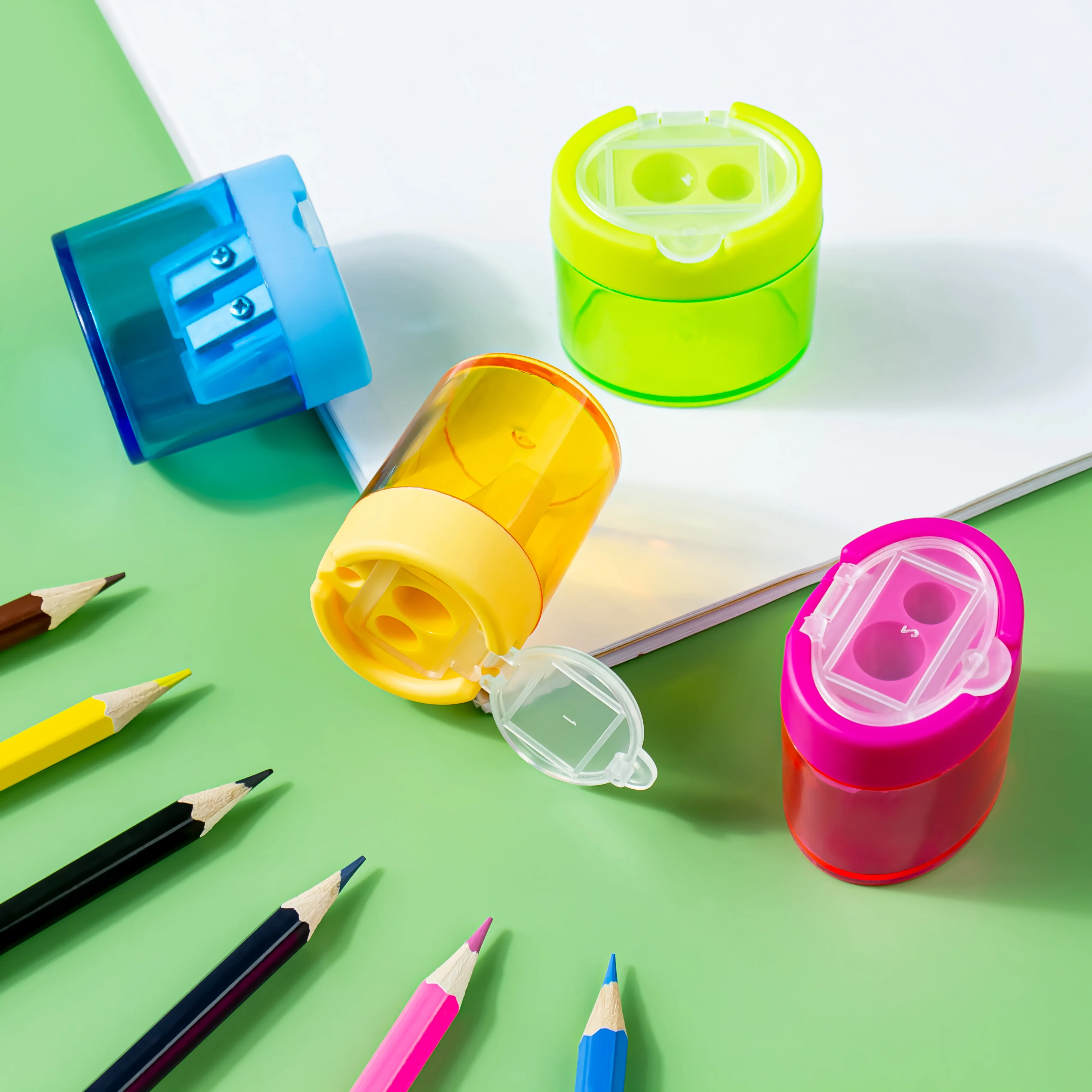 4-Color Oval Double-Hole Sharp Blade Pencil Sharpener - No Mess, Durable Plastic Design for Precise Sharpness