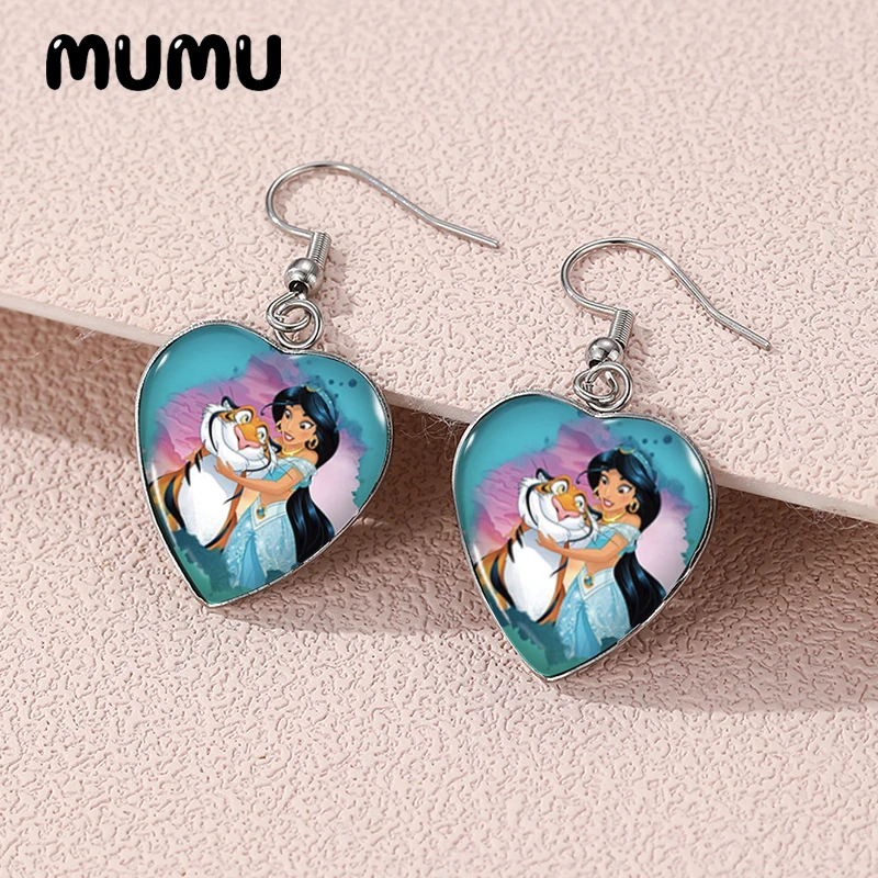 2024 New Aladdin with Princess Jasmine Dangle Earring Heart Shaped Earrings Handmade Glass Dome Jewelry Gifts Fans