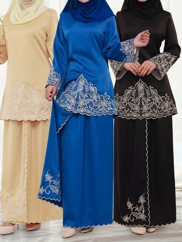 

Ramadan Eid Embroidery 2 Piece Set Top and Skirts Abayas Dubai Arabic Islam Kaftans Women Robe Djellaba Femme Musulman Ensembles