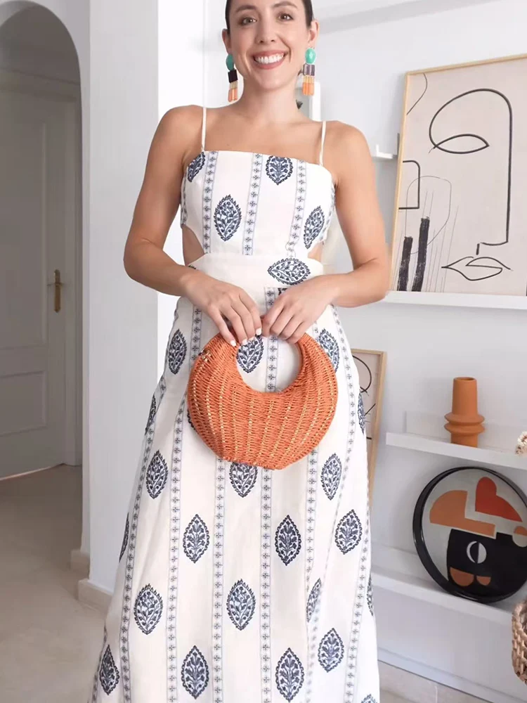 TFMLN 여성용 프린트 할로우 드레스 섹시한 백 레스 슬래시 넥 민소매 캐미솔 드레스 여름 새로운 패셔너블 슬림 피트 미디 드레스