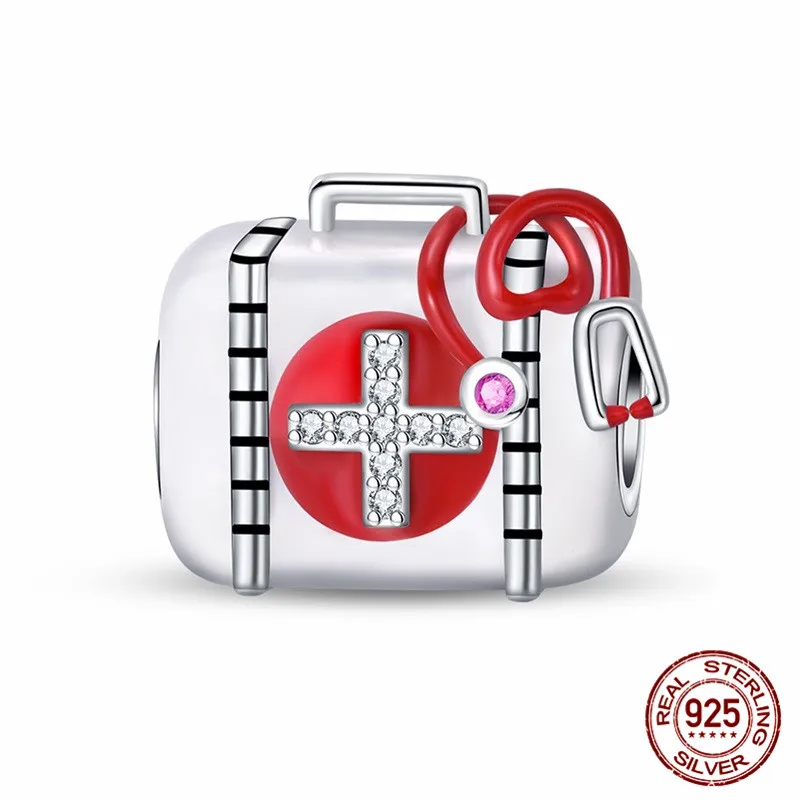 

925 Sterling Silver Medical Kit Pendant Bead Inlaid with Zircon Paired with an Original Bracelet DIY Womens Jewelry
