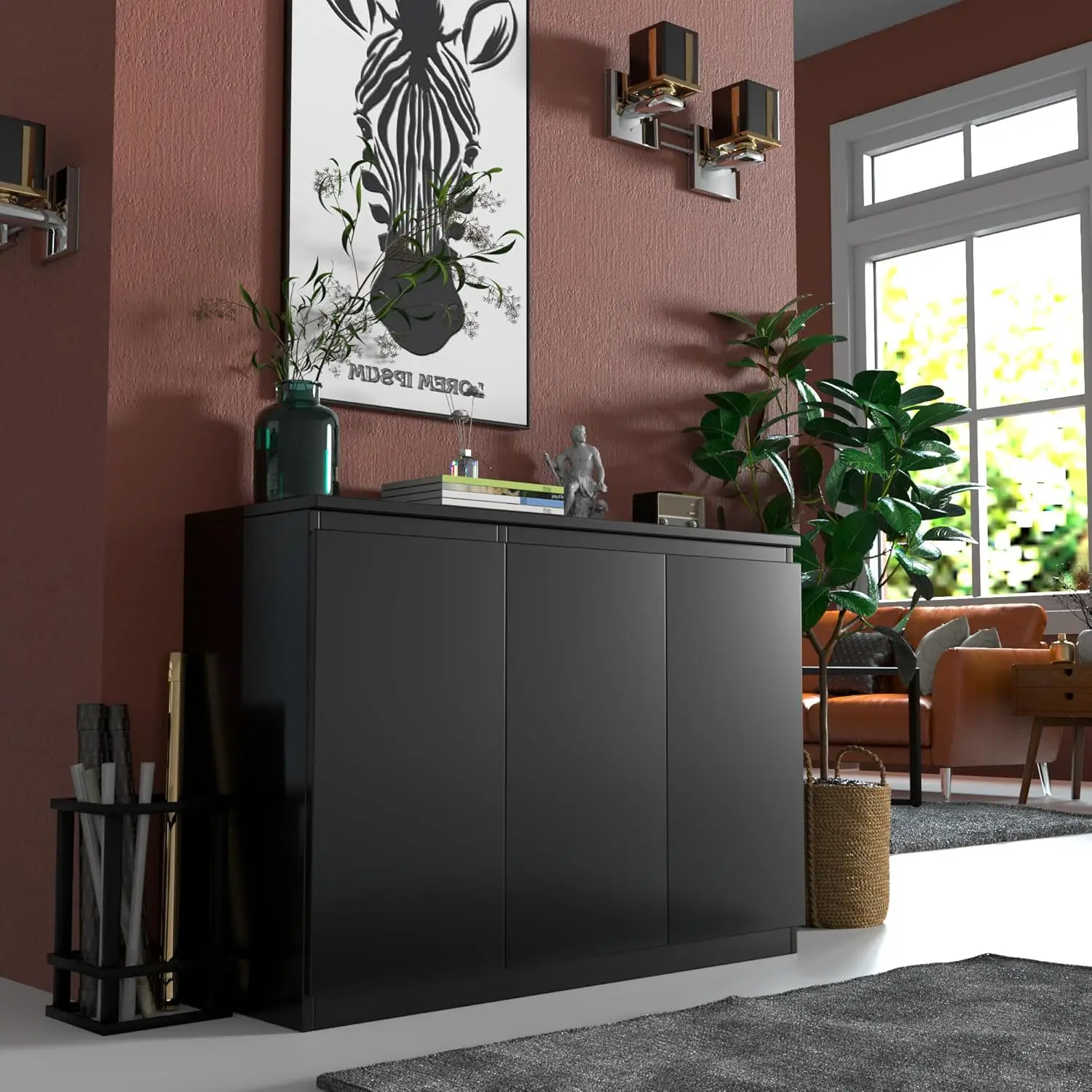 

43" Black Buffet Cabinet Sideboard with Storage - Modern 3-Door Kitchen Cupboard & Coffee Bar Station for Dining, Customized
