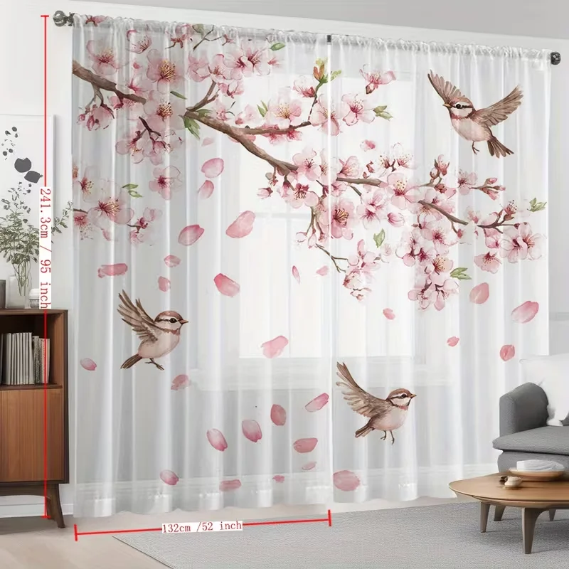 2PCS Watercolor Cherry Blossom & Sparrow Sheer Curtains - Romantic Floral Bird Window Drapes