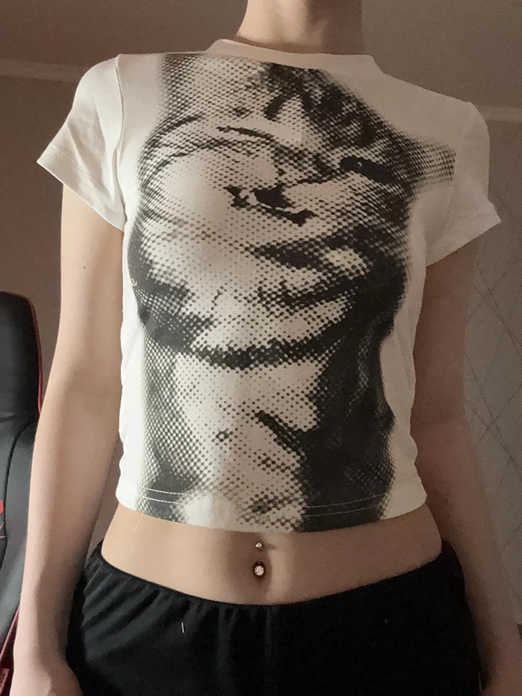 Harajuku الحيوان طباعة المحاصيل الأعلى الأساسية الأبيض قصيرة الأكمام Crewneck تي شيرت المرأة عادية سليم المناسب تيز سيدة y2k خمر