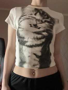 Harajuku Animal Print Crop Top Basic White Short Sleeve Crewneck T-shirt Women Casual…