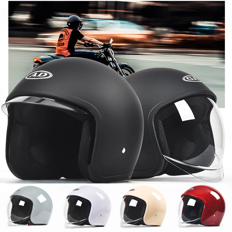 Retro Motorcycle Helmets for Men and Women 3/4 Four Seasons Electric Vihicle MOTO Helmet PC Anti-fog Built-in Lens Safety Cap