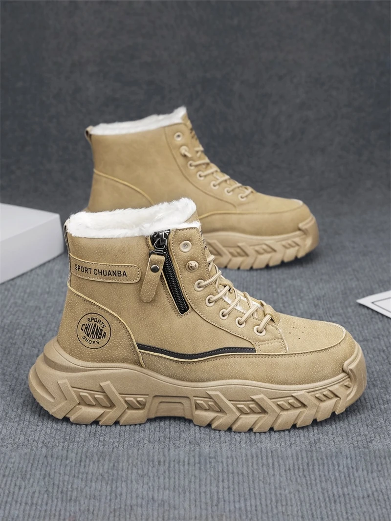 Men's Winter Fleece Lined  High Top Thick Bottom Outdoor Snow Boots Anti Slip Workwear Casual Leisure Zipper Closure