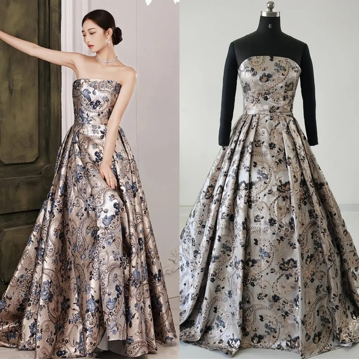 

Evening Dress Luxurious Gray Satin Blue Flower Strapless Lace up Princess Trailing Plus size Customization Formal Party Gowns