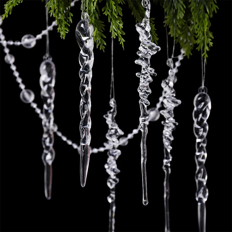 12/24Pcs 13cm Clear Acrylic Icicle Christmas Ornaments Xmas Tree Hanging Pendant Crystal Twisted Icicle Snowflake Home Decor