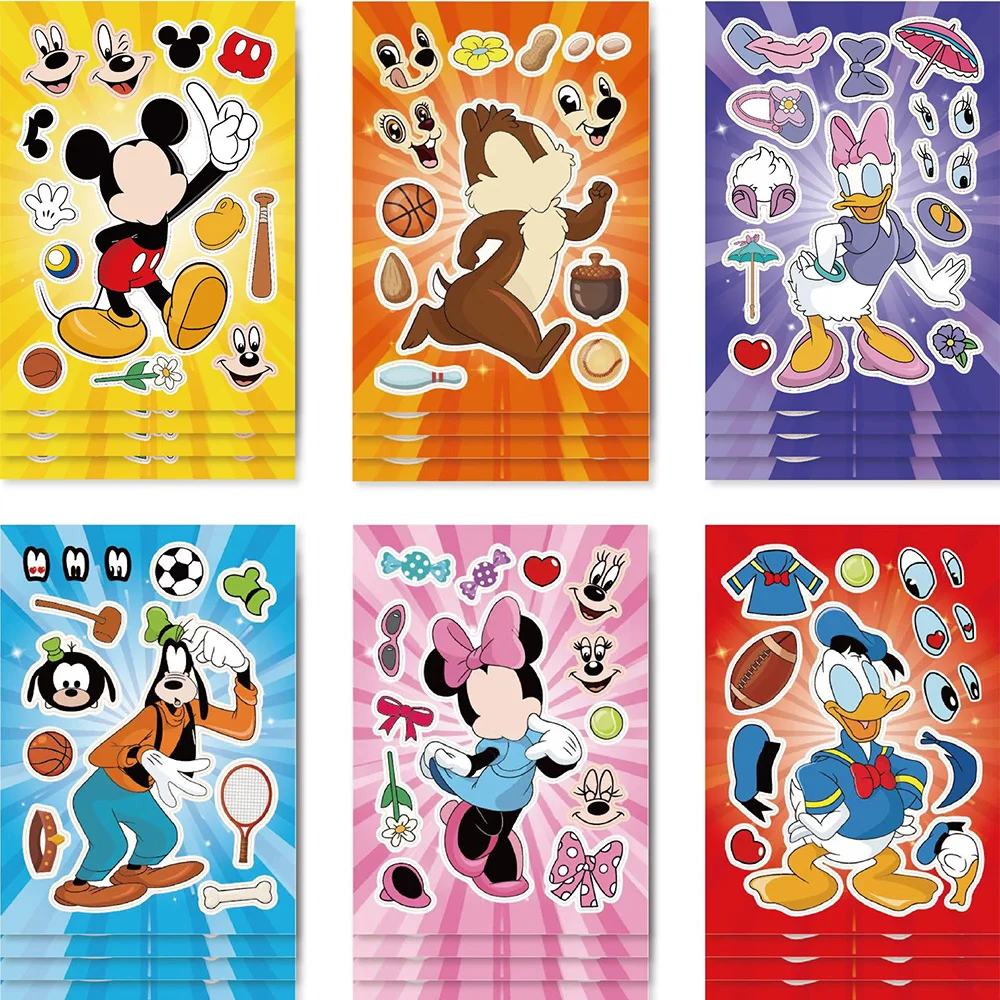 

6/12Sheets Disney Cartoon Children Puzzle Stickers Make-a-Face Mickey Mouse Donald Duck Minnie Kid Jigsaw Game For Boy Party Toy