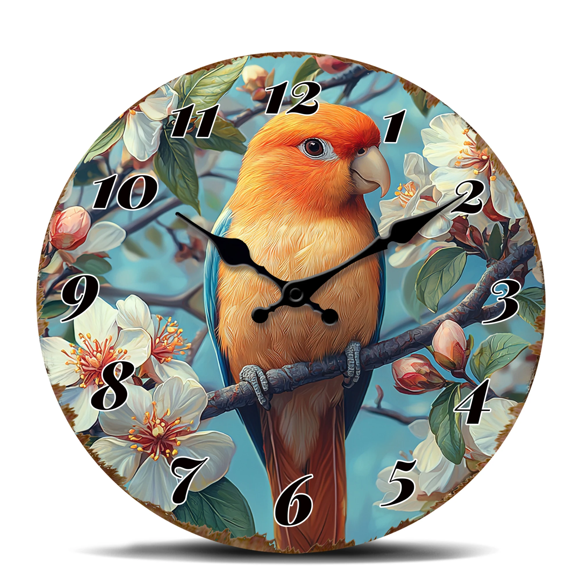 Vibrant Orange Parrot Perched on Blossom Branch Round Wall Clock, Tropical Bird Decorative Silent Quartz Clock for Home Office D