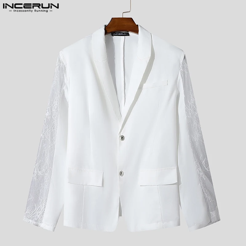 Fashion Casual Style Tops INCERUN New Mens Perspective Lace Splicing Design Suit Coats Male Solid Long Sleeved Blazer S-5XL 2024