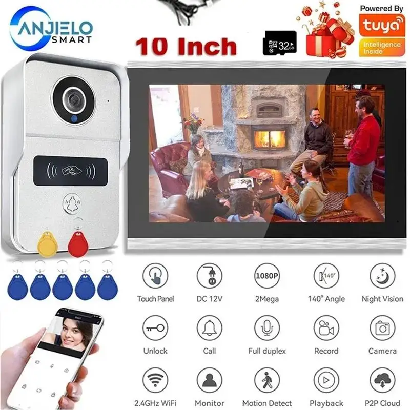 New 1080P 10 Inch 7 Color Touch Screen Wireless Wifi Video Doorbell Smart TUYA Home Intercom Kit for RFID Access Control System