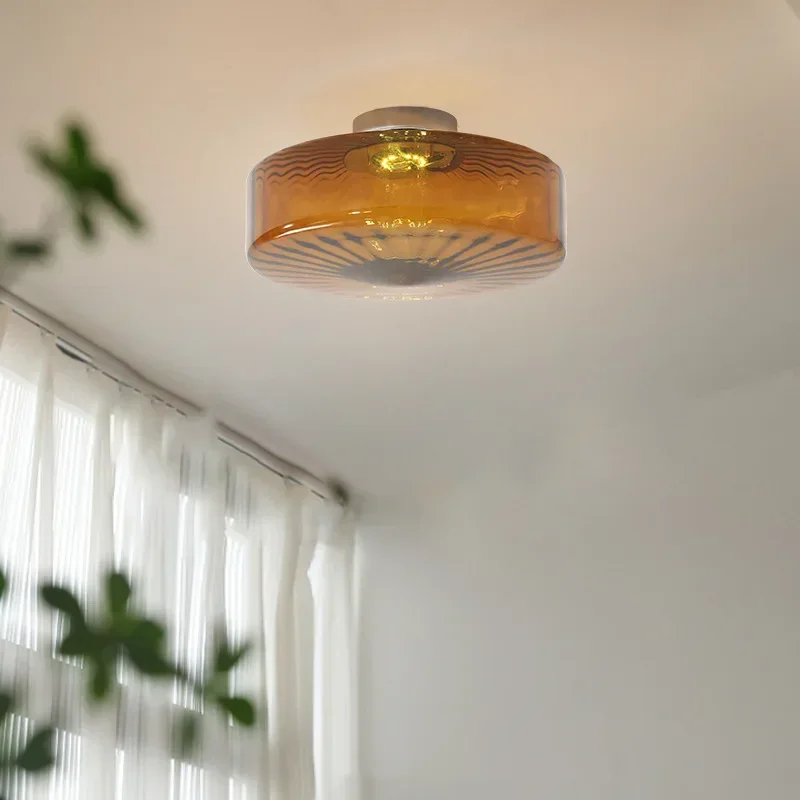 French medieval corrugated glass ceiling light Nordic simple retro restaurant Bedroom porch balcony round lightлюстра потолочная