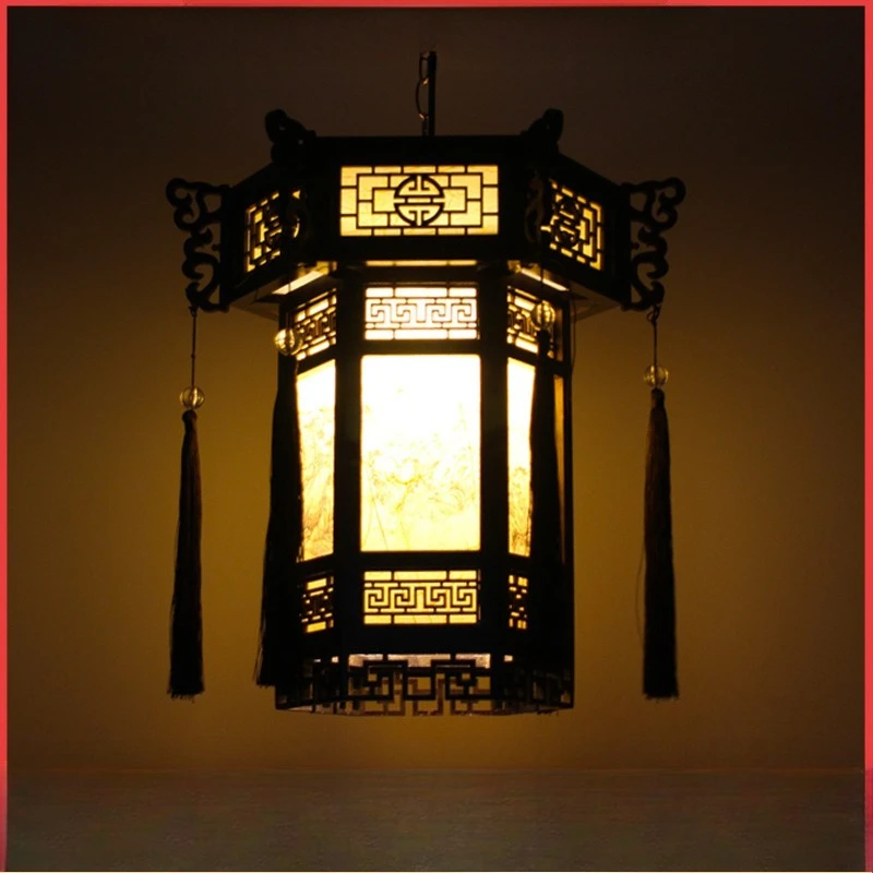 Chinese solid wood hotel lamps villa lanterns hexagonal Chinese style temple ancestral hall corridor chandelier