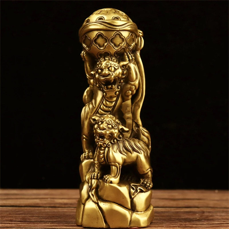 Brass Playing with Ball Ornament, Double Lion Bronze Craft Decoration, Home Store Company Opening Gift