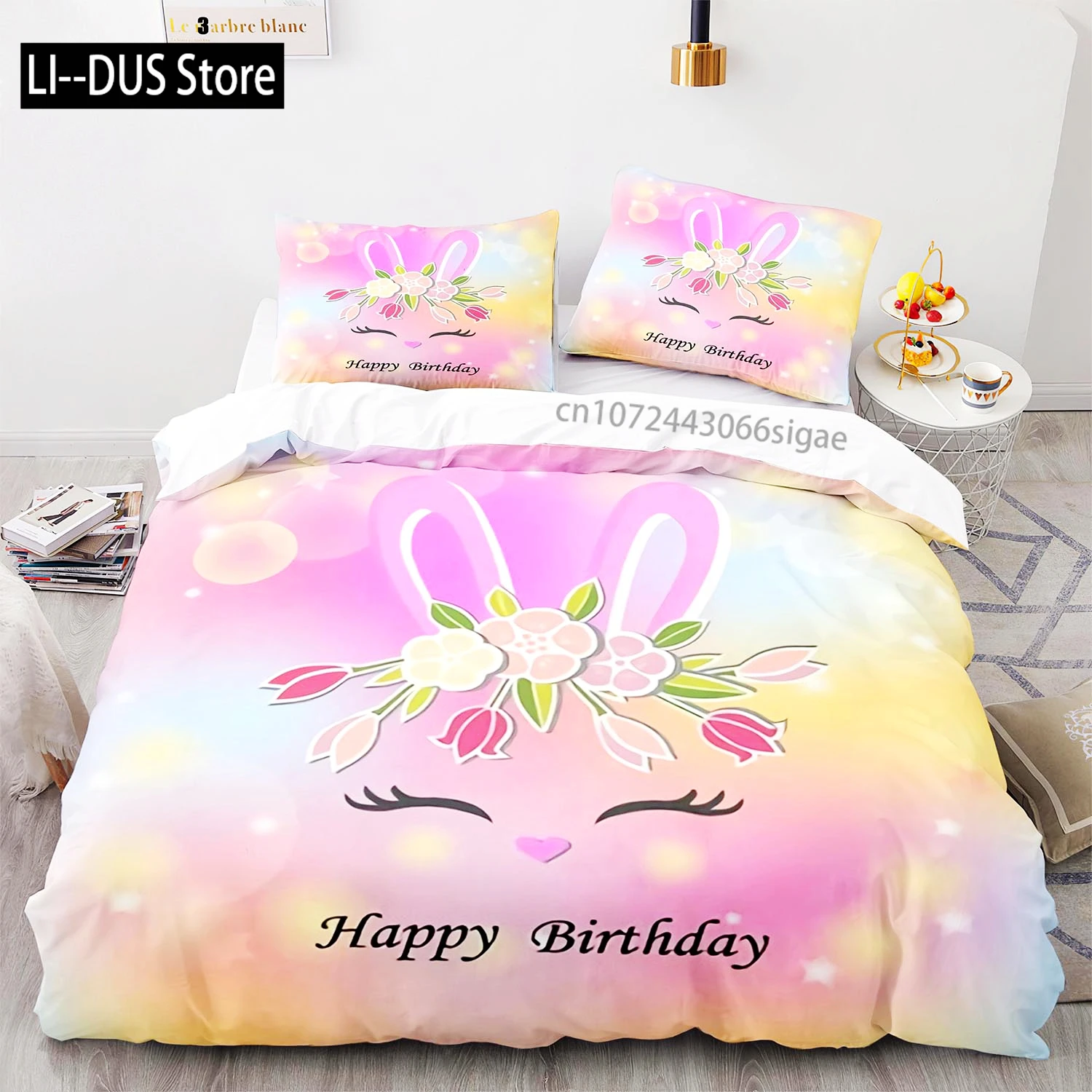

Rainbow Bedding Set Single Twin Full Queen King Size Cute bunny Bed Set Aldult Kid Bedroom Duvetcover Sets 3D Anime 019