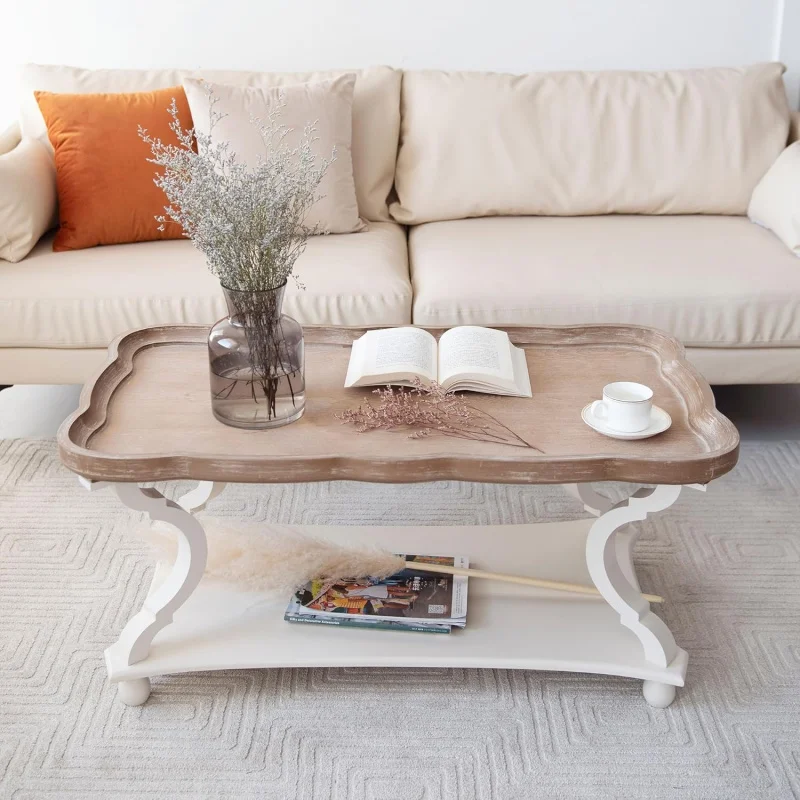 

Rustic Farmhouse Coffee Table, Cottagecore Tray Top Sofa Table, Handcrafted Natural Wood, Multifunctional Accent Table fo
