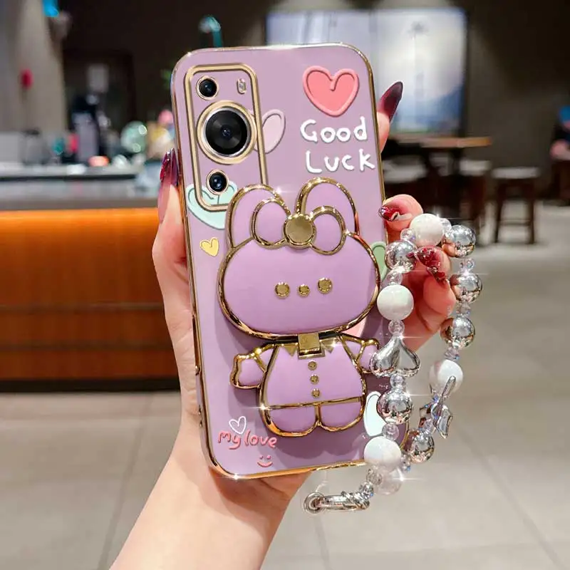 

Pearl Strap Lanyard Good Luck Rabbit Phone Holder Case On For Huawei P40 P50 P60 P30 Lite Pro P40 Pro Anti-knock Stand Cover