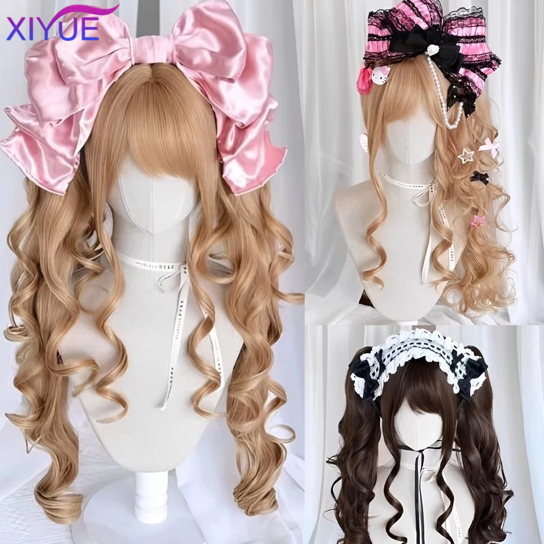 XIYUE Synthetic Princess Cut Double Ponytail Lolita Wig with Bangs Girl Ombre Blonde Brown Cosplay Halloween Harajuku Wig