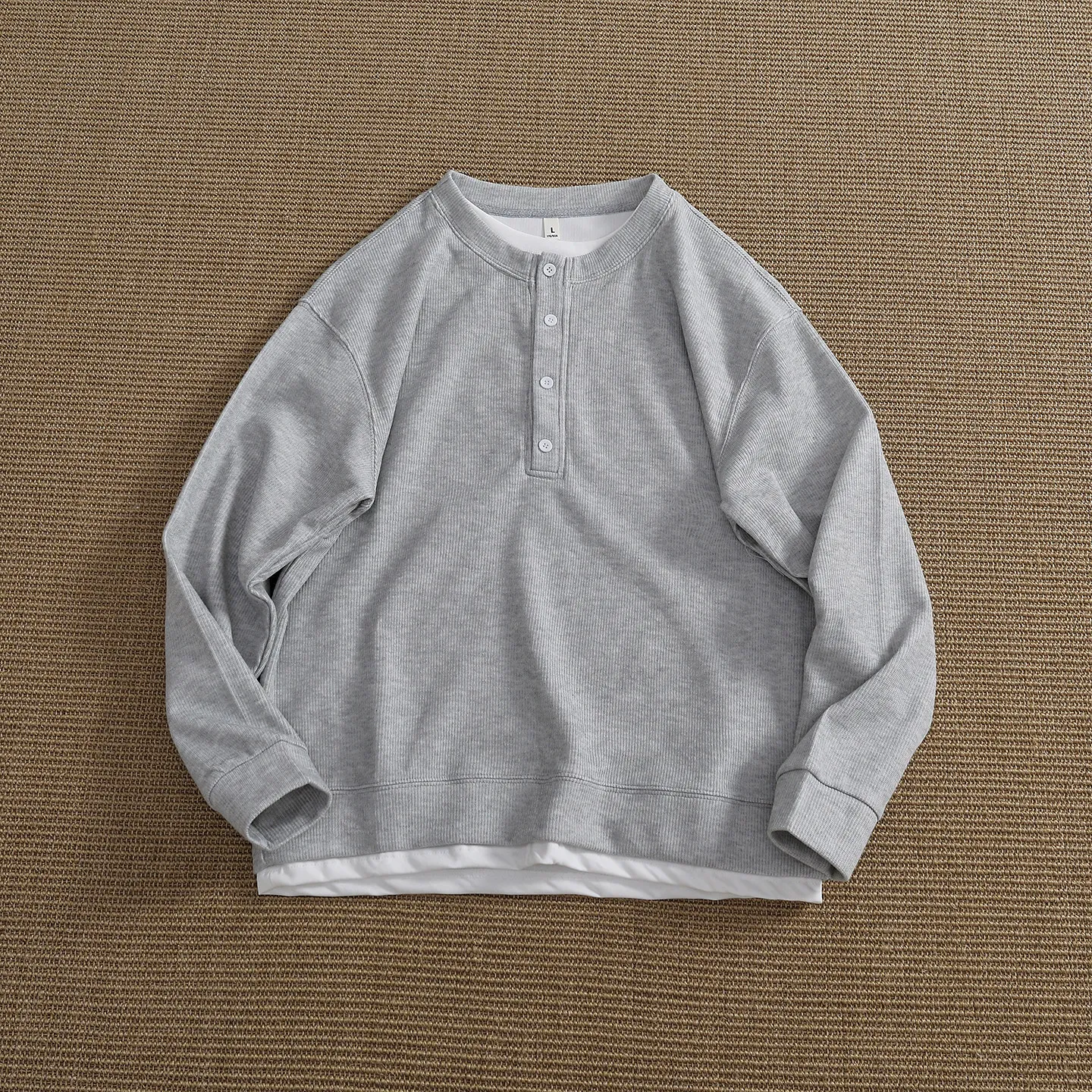 Autumn new henley collar fake two-piece sweatshirt men's long-sleeved top loose off-shoulder casual pullover