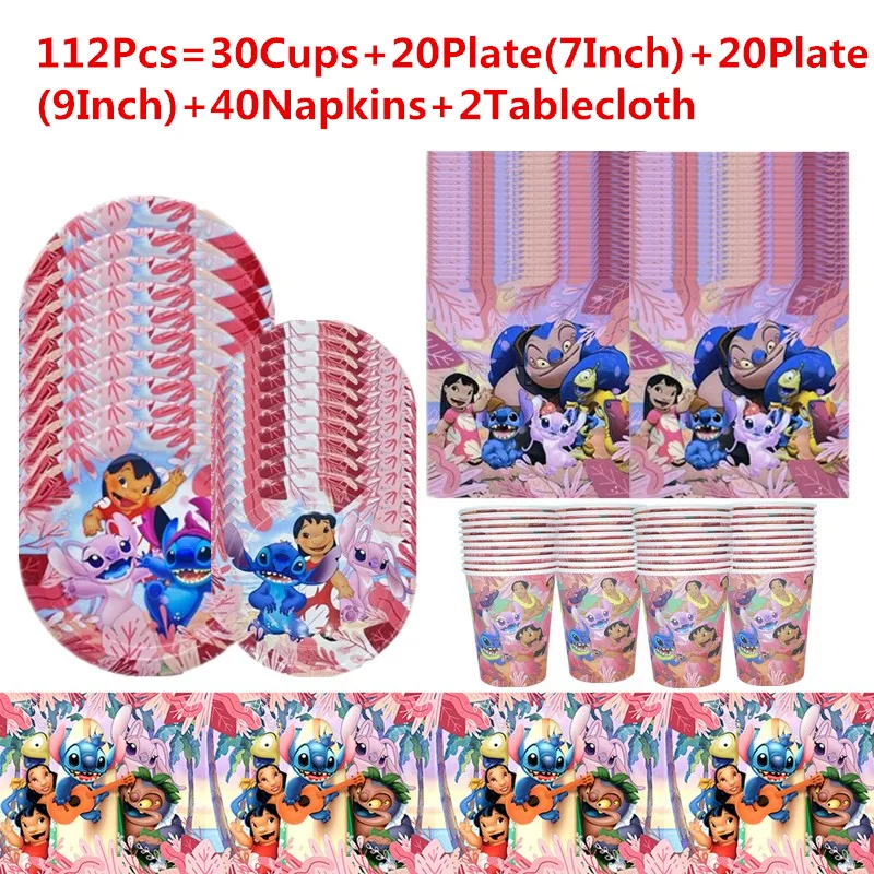 

New Stitch Angel Kid Birthday Party Supplies Disposable Tableware Set Paper Cup Plate Napkin Banner Baby Shower Party Decoration