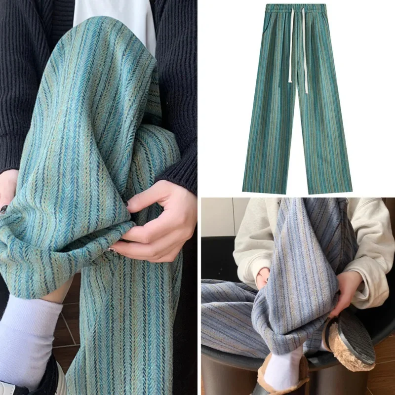 Striped Lazy Melard Vertical Wide-Leg Pants Women Autumn And Winter Fleece-Lined High-Waist Casual Plus Size Draped Pants New