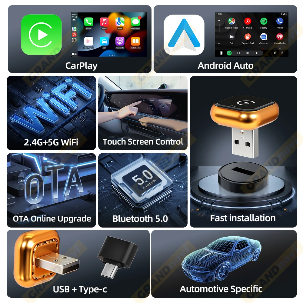 Orange 2IN1 Wireless Carplay Android Auto Adapter Smart Dongle für Volvo Benz Mg Kia Chery VW Honda Benz MG Haval Fiat – Detail 3