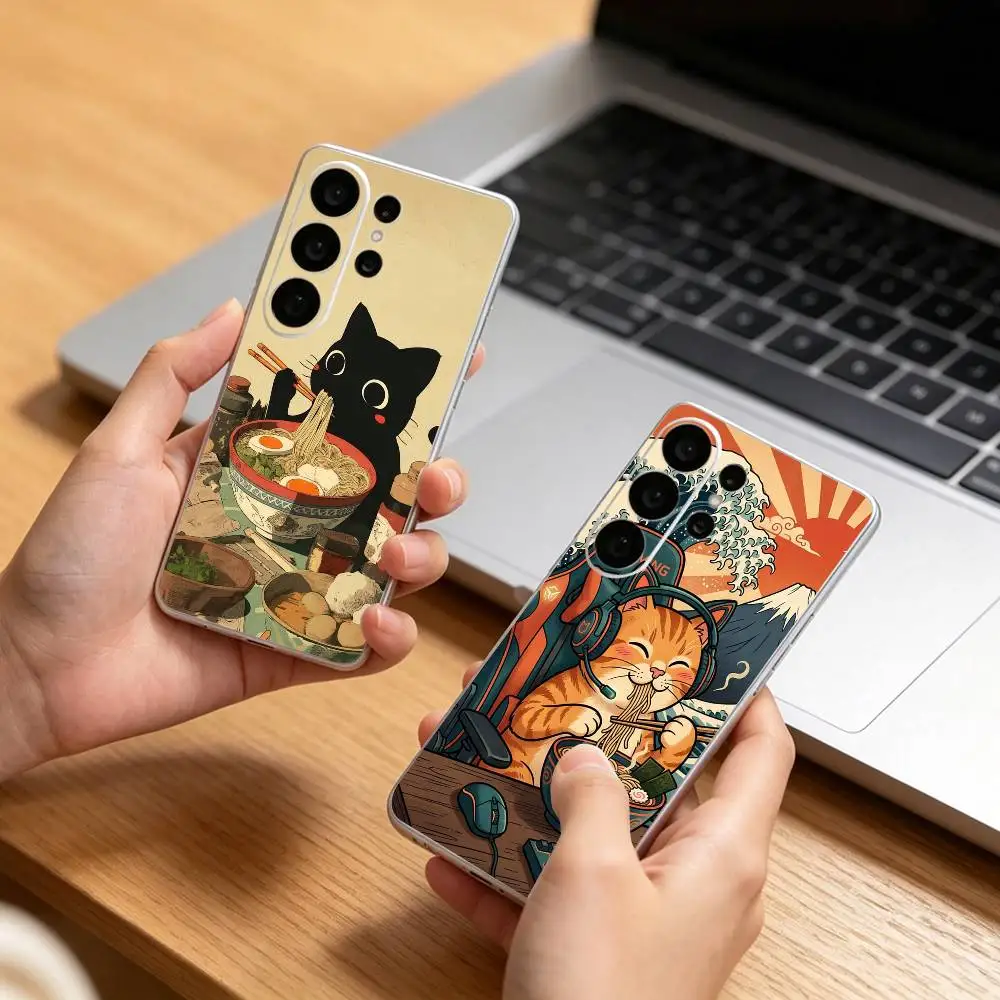 Cartoon R-Ramen Cat Phone Case For Samsung S25,S24,S21,S22,S21,S20,S10,S9Ultra,Plus,Fe,Lite Transparent Cover
