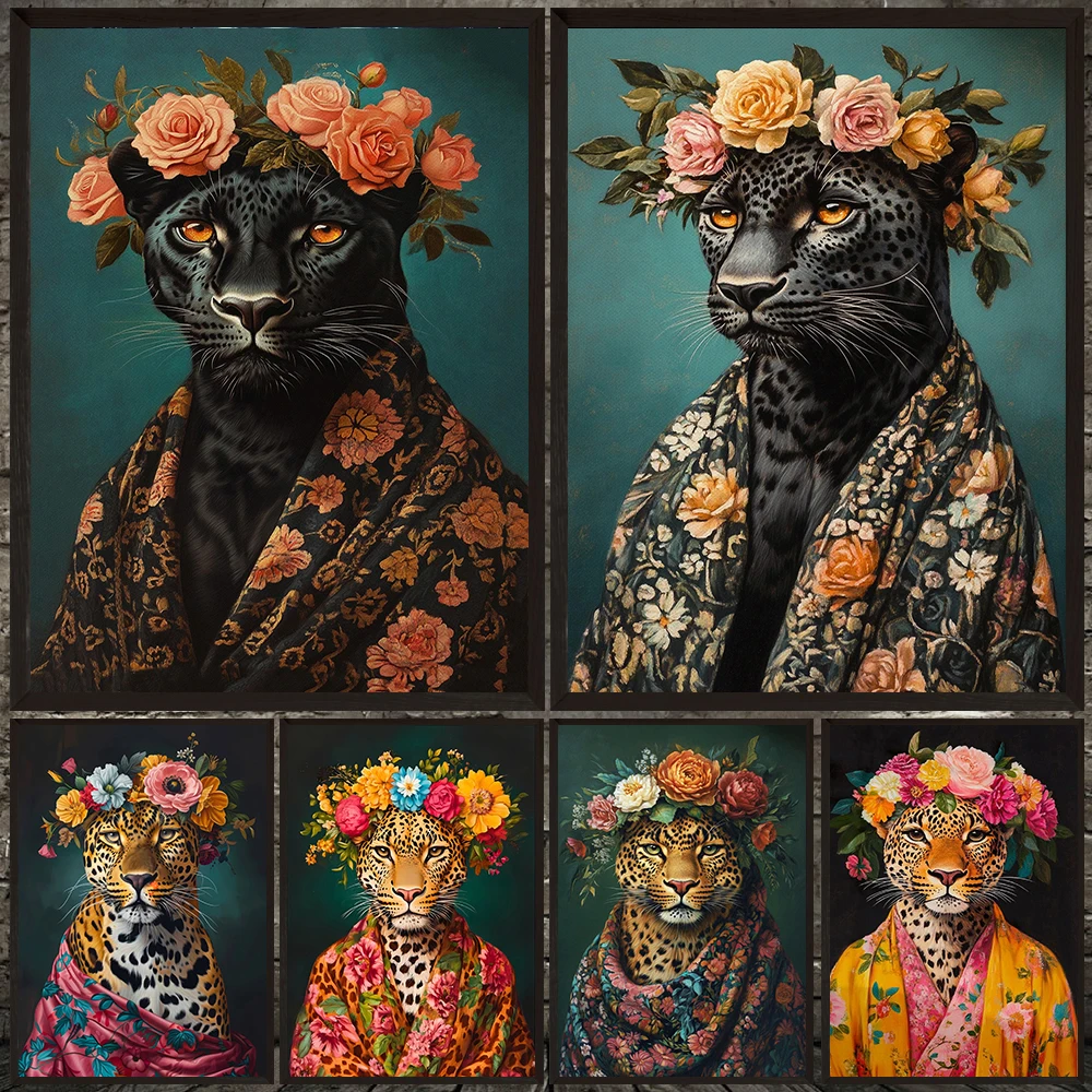 

Bohemian Floral Leopard Canvas Painting,Colorful Floral Leopard Poster Set,Exotic Animal With Flower Crown Poster Print Decor