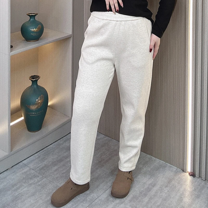 Pantaloni stile harem casual in pile elastico in vita Abbigliamento invernale da donna Pantaloni a sigaretta in lana spessa allentata taglie forti 8649