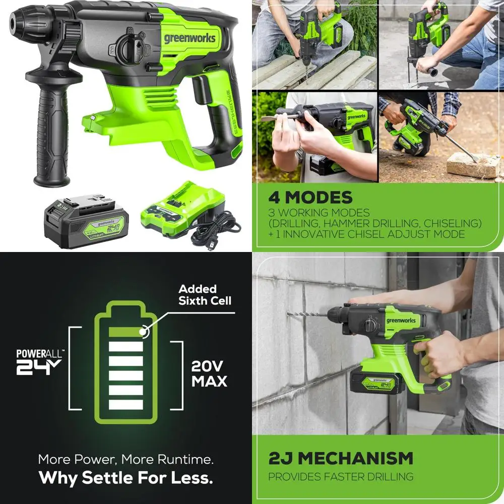 مطرقة دوارة لاسلكية 24 فولت، 2.1 جول، مثقاب SDS Plus بدون فرش، 4 أوضاع، ضوء LED، بطارية 4 أمبير في الساعة، أداة طاقة طويلة العمر