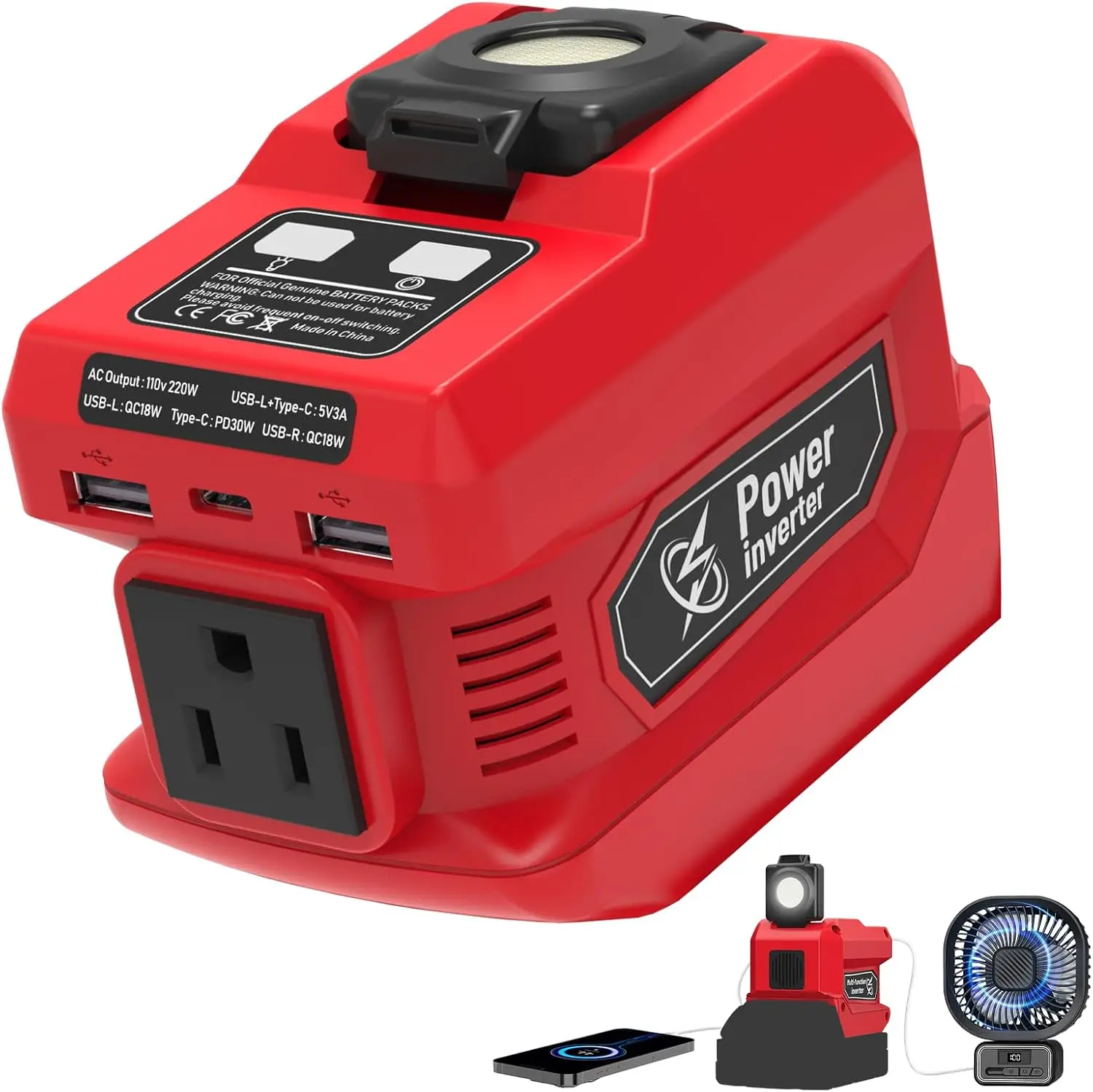 Kzreect 220W Power Inverter Compatible with Mil-wau-kee 18V Battery, 18V to AC 110V, 4 Output & 300LM LED, Inverter for Camping