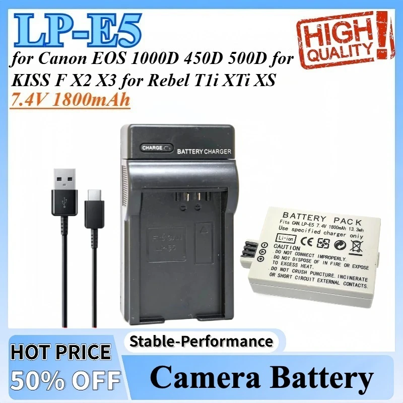 

7.4V 1800mAh LP-E5 LPE5 LP E5 Battery + Charger for Canon EOS 1000D 450D 500D for KISS F X2 X3 for Rebel T1i XTi XS Camera