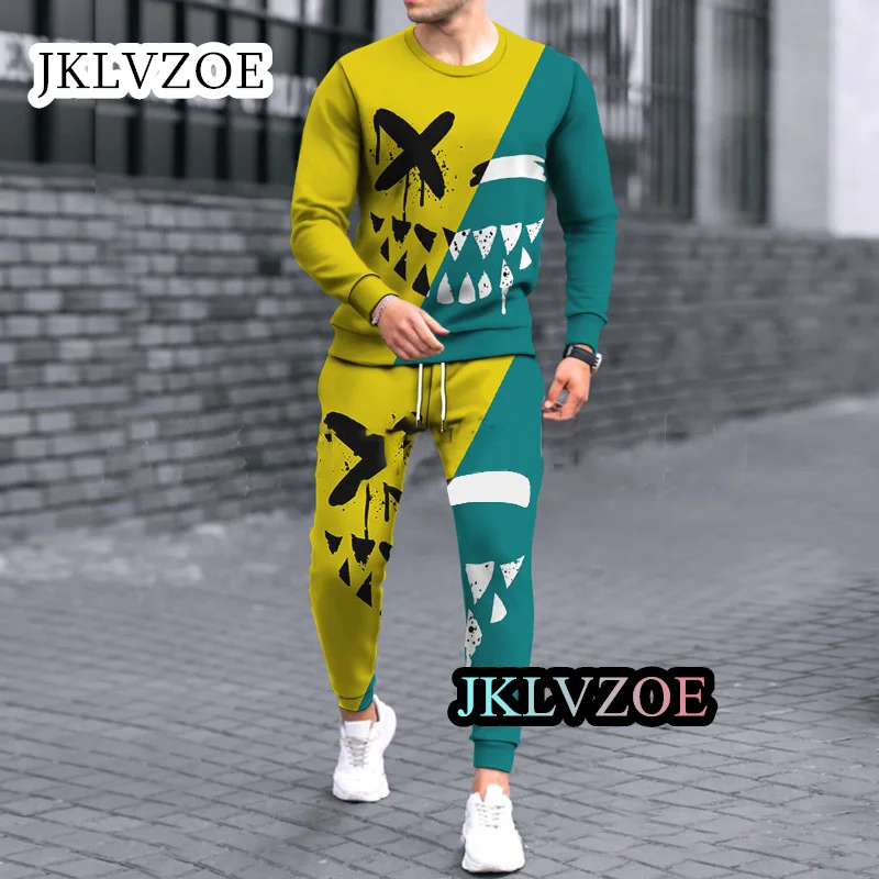 2023 Nova Moda Masculina Roupas Jogging Tricô Sportwear Manga Longa Sorriso 3D Imprimir Streetwear Outfit 2 peças T-shirt Conjuntos