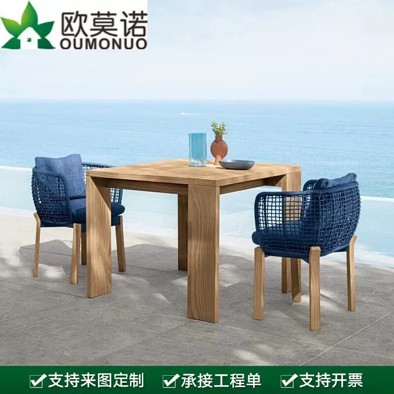 Myanmar Teak Long Outdoor Table and Chair Set Solid Wood Furniture for Garden Courtyard Villa Terrace Leisure BnB