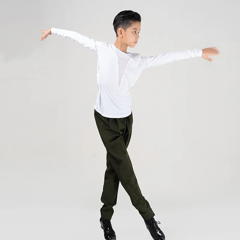 Nieuwe Latin Dansvoorstelling Kostuums Jongens V-hals Mesh Tops Zwarte Broek Pak Kid's Rumba Tango Danstraining Kleding