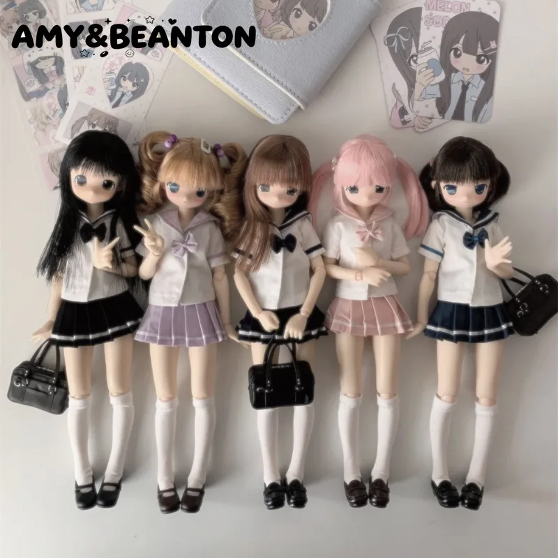 BJD Azone/OB22 Doll Clothes Vintage Academy Style 2pcs Outfit Y2k Shirt Top + Midi Skirt Multi Color Uniform Doll Costume Set